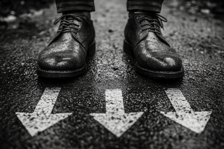 Arrows pointing in different directions, a person standing on the ground wearing shoes, looking down at the arrows pointing towards them. --ar 3:2 --stylize 750 --v 6.1 Job ID: b25a5bde-e90f-4ede-9cc4-eebd77ff79d2の素材