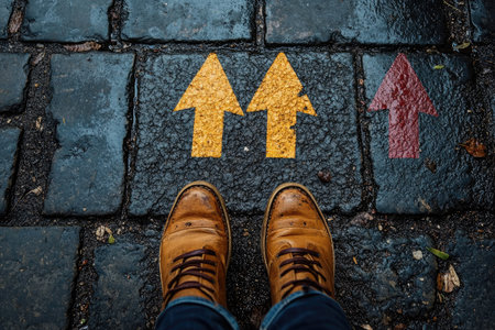 Arrows pointing in different directions, a person standing on the ground wearing shoes, looking down at the arrows pointing towards them. --ar 3:2 --stylize 750 --v 6.1 Job ID: b25a5bde-e90f-4ede-9cc4-eebd77ff79d2の素材