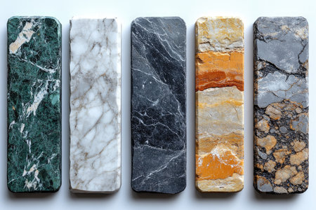 An ultra-realistic photograph of six square swatches in different colors and textures, including gray marble, green granite, white quartzite, beige sandstone, gray concrete, and black slate. Each material is displayed against a pure white background to highlight its unique features. The composition is symmetrical, with the pieces arranged in a straight line from left to right. This design will make it easy for designers or a product display presentation mockup on an isolated white background. --ar 3:2 --stylize 750 --v 6.1 Job ID: 8b239fb7-6ba0-417f-8f4b-2b4e39e52bd1の素材