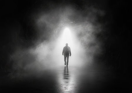 Black and white silhouette of a man running towards the light in a dark room, with a door opening. Conceptual illustration for business success or transformation. Black background. --ar 7:5 --stylize 750 --v 6.1 Job ID: c8b94324-f011-4322-b4a1-8b0bce196618の素材