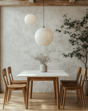 Modern dining table with chairs and a hanging light, against a white background. 3D rendering, front view, with wooden legs and a white marble top surface. Decorative elements in the shape of two spheres on each side of the lampshade. White wall, white ceiling, and natural wood texture chairs. Minimalist interior design style, high resolution, highly detailed, product photography, realism. --ar 4:5 --stylize 750 --v 6.1 Job ID: 73c9c6d8-33b8-47da-924a-793a8c9c2c44の素材