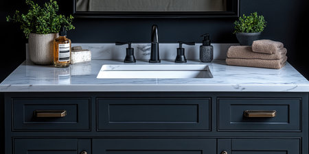 Modern black vanity model with white marble countertop and black sink, product photography, studio lighting, dark background, product showcase, close-up shot. --ar 2:1 --stylize 750 --v 6.1 Job ID: ca427c59-f399-475c-b271-9e203cf229beの素材