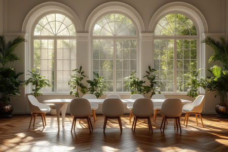 Modern dining room with a white table and chairs, arched windows, and a parquet floor. Minimalist interior design of a modern living space in a luxury home. 3D rendering illustration, shot on a Sony Alpha A7R IV, with natural lighting. --ar 3:2 --stylize 750 --v 6.1 Job ID: b07b1422-1168-4e30-95f0-c3b706596fc3の素材