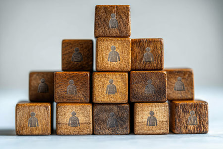 Wooden blocks arranged in an overlapping pyramid shape with icons of people on top and bottom, symbolizing the professional evolution path of various types of workers. The background is white to emphasize each block's color and design. --ar 3:2 --stylize 750 --v 6.1 Job ID: ac08e5ca-4f51-4b13-8f05-7348e132c90dの素材