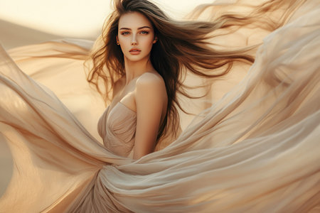 A beautiful woman with long hair in an elegant dress posing in the desert, with flowing fabric, a close-up portrait, warm tones of beige and brown, high detail, smooth skin, perfect body shape, soft lighting, and a dreamy atmosphere, captured with a Canon EOS R5 camera. --ar 3:2 --v 6.1 Job ID: 7b573191-5d03-4208-84d6-1dc680f75736の素材