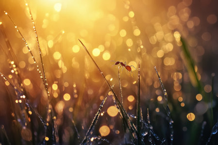 A close-up of an ant standing on the edge of dew-covered grass, with raindrops glistening in the soft morning light. The focus is sharp and detailed, highlighting the intricate textures and colors that make it stand out against nature's beauty. --ar 3:2 --v 6.1 Job ID: 5e09ea60-9b2d-46e5-841f-61580ae7938cの素材