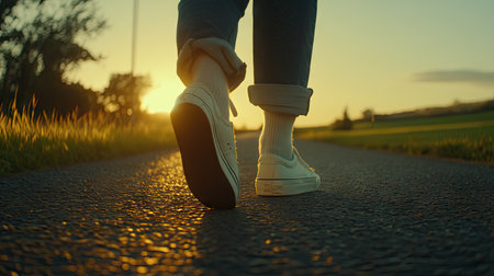 A close-up of the feet and legs walking on an asphalt road, with sunlight in the background. The person is wearing black jeans and white sneakers. They have their back to the camera, showing only a part of their face and head. In front of them lies green grass under the sunset light. A warm atmosphere conveys a sense of tranquility and relaxation as they walk along the path. --chaos 30 --ar 16:9 --v 6.1 Job ID: 5d807a6a-a7da-4f39-9d0b-03de63cede1fの素材