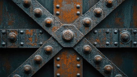 A close-up of the metal beams and rivets on an old, rusted bridge with a symmetrical pattern of X's. The background is dark to highlight the details. --chaos 30 --ar 16:9 --v 6.1 Job ID: 83940b64-5618-4c10-b193-3dae8cc5751fの素材