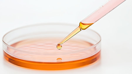 A close-up of an oil droplet being pulled by the tip of one long, slender, and transparent glass pipette into a Petri dish filled with a light yellow liquid on a white background. --chaos 30 --ar 16:9 --v 6.1 Job ID: 781566c0-6d4c-4702-9544-7e9c80a7ba64の素材