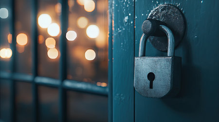 A close-up of an unbranded padlock hanging on the door, illuminated by soft lighting against a blurred background of office lights. The focus is sharp and clear, highlighting details like reflections in the metal or glares from the light bulbs. This composition creates a sense of security with its clean lines and professional appearance. High-resolution photography, taken using a Canon EOS R8 camera with a macro lens at an f/2.0 aperture setting, showcases the intricate detail in this stock photo. --chaos 30 --ar 16:9 --v 6.1 Job ID: f166ea2b-670d-42c3-912e-444e84e53d0dの素材