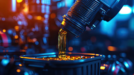 A close-up of the oil cap being opened on an engine, with light blue and yellow colors, pouring bright golden liquid into the bin that sits under it. The background is blurred to focus attention on the object, highlighting its details. --chaos 30 --ar 16:9 --v 6.1 Job ID: fbbc9010-b69b-43fd-87d2-a22677344c63の素材