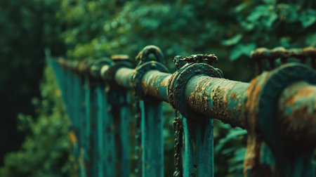 A close-up of rusted bolts on an old, weather-beaten bridge, with green plants in the background. The focus is sharp and detailed, highlighting textures and patterns that add depth to the composition. --chaos 30 --ar 16:9 --v 6.1 Job ID: c51993d2-5b2d-4281-9437-34cf13352ff1の素材