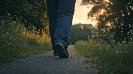 A close-up of the legs and shoes of an adult man walking along a road in nature, with copy space on one side. The sun is setting behind him, casting long shadows that highlight his figure against the backdrop of green grass and trees. He wears dark blue jeans and black sneakers. His posture exudes confidence as he walks purposefully forward. Shot from eye level to emphasize his height. The background shows a clear sky at sunset, adding depth to the scene. --chaos 30 --ar 16:9 --v 6.1 Job ID: 8ab3d9cd-e89d-4722-9427-3dc1e057a24aの素材