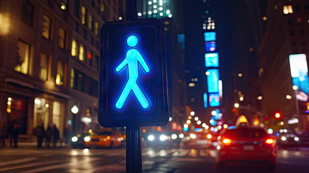 A close-up photo of a hand-drawn walking man icon on an LED street sign in New York City. --chaos 30 --ar 16:9 --v 6.1 Job ID: 5520eeab-7cec-4142-a74c-ea4cdeca02a1の素材