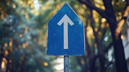 A blue road sign with an arrow pointing upwards, indicating that cars should go in the direction of its arrow. The background is blurred and shows trees or buildings, giving it depth. This photo was taken with a Nikon D850 camera using a Nikkor f/2 lens. --chaos 30 --ar 16:9 --v 6.1 Job ID: d85d93e9-e22e-490e-9e59-ddb21b0105f1の素材