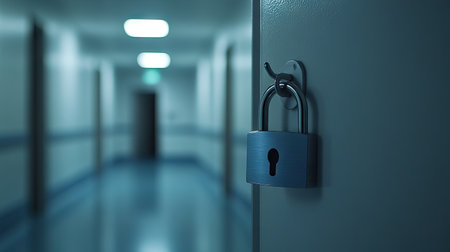 A close-up of two padlocks on the door, one is silver and the other is blue in color with a white background in a blurred hospital hallway. The focus should be sharp to capture the details. --chaos 30 --ar 16:9 --v 6.1 Job ID: cd8aeead-7976-4e74-96c0-a019b6c7bd99の素材
