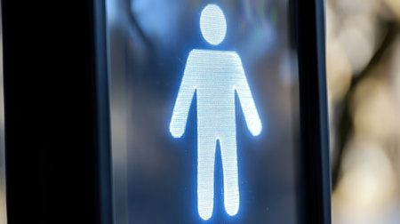 A close-up photo of a hand-drawn walking man icon on an LED street sign in New York City. --chaos 30 --ar 16:9 --v 6.1 Job ID: 5520eeab-7cec-4142-a74c-ea4cdeca02a1の素材