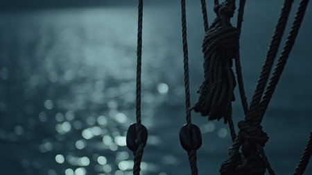 A close-up shot of the rope, with its texture and color clearly visible against the dark blue sea background. The water reflects light on one side, creating an atmosphere reminiscent of nautical themes. This scene emphasizes the strength and majesty associated with ropes in various outdoor activities such as sailing, fishing, and porting ships, highlighting their role for those planning to explore open waters. --chaos 30 --ar 16:9 --v 6.1 Job ID: 9101cd0a-565a-4262-bfdb-1effb5d6ead7の素材