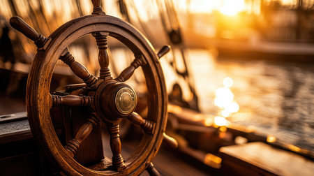 A close-up of the ship's steering wheel on an old wooden boat, with calm waters in the background. The image has a full depth of field in focus, captured on Kodak Portra film with natural daylight and sunlight. This high-resolution photography, taken with a Nikon D850, is insanely detailed and intricate, in the style of Hasselblad H6D-400C Multi-Shot. --chaos 30 --ar 16:9 --v 6.1 Job ID: d17a9cfc-d48f-4199-a59c-5a89649b310eの素材
