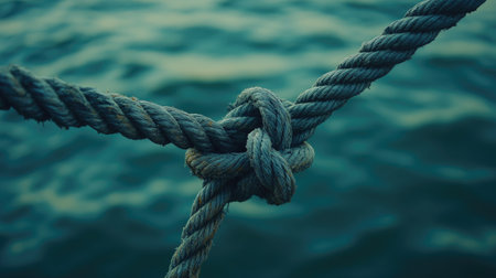 A close-up shot of the end or tip of an old, frayed rope with its two ends knotted together on top of each other, set against the dark water in front of a background of green-blue sea. The texture and colors of the boat's line can be seen clearly. --chaos 30 --ar 16:9 --v 6.1 Job ID: 2c741b6b-57e8-48c6-add1-8d3653dfd017の素材