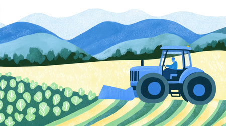A blue tractor with a large blue machine, plowing a green field of lettuce in the background. --chaos 30 --ar 16:9 --v 6.1 Job ID: be8ece35-174e-42d2-a92f-51880e7fc4e0の素材