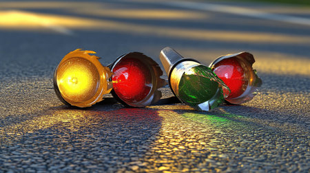 A broken traffic light on the asphalt, with one red and green lamp cracked, with yellow bulb lights shining out of it. The street is gray in color. A close-up shot captures three different lamps lying next to each other, one red, another green, and an amber glass glowing brightly inside. --chaos 30 --ar 16:9 --v 6.1 Job ID: cbcdd490-7f28-414a-9408-a51e82fa080fの素材