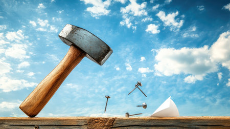 A hammer is striking nails into the wood, with blue sky background. The hammer has wooden handle and steel head, which appears to be about half way down from top of nail hole on board. A few more nails have been thrown next to it, and one on right side just stuck in air with white paper underneath it. --chaos 30 --ar 16:9 --v 6.1 Job ID: b53e9c21-18d1-487d-9a15-882641a9c6acの素材