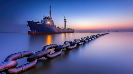A huge chain floats on the sea, with an old ship in front of it and a dark blue sky behind it. The scene is illuminated by bright lights, creating a mysterious atmosphere. Captured from a high altitude, using wide-angle lenses to highlight the details. It presents a strong contrast between lightness and darkness, showcasing stunning colors. --chaos 30 --ar 16:9 --v 6.1 Job ID: a4413193-c0bc-4cc1-a0c6-bf089d73acc1の素材