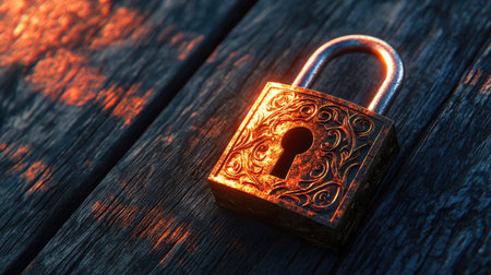 A golden padlock with an intricate design on it, placed against a wooden surface. The background is dark and blurred to highlight the lock's features. There is light coming from above, casting shadows that add depth to the scene. This composition creates a sense of security or mystery around the object. --chaos 30 --ar 16:9 --v 6.1 Job ID: 67597ad0-1c74-417b-81d6-be5fd3dbef2fの素材
