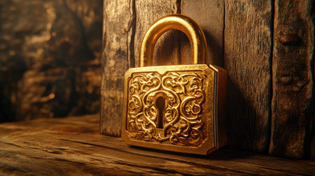 A golden padlock with an intricate design on it, symbolizing the security of your online firm's data protection system. The lock is centered in front and placed against a wooden surface. Soft lighting highlights its details, creating a warm atmosphere that adds to its sense of security or privacy. This visual representation emphasizes how you have tight control over who has access to their personal information within the business network. --chaos 30 --ar 16:9 --v 6.1 Job ID: 11cadd8f-8f16-43e6-8e3e-21eb4d3c184bの素材