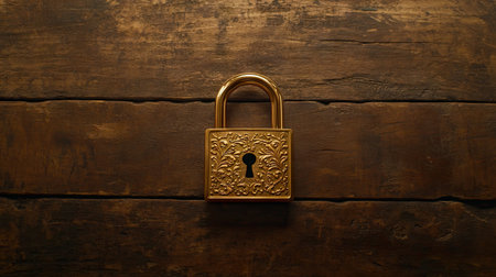 A golden padlock with an engraved design, centered in the frame against a wooden table background. The lock is the focal point of attention and stands out prominently due to its shiny gold color and intricate design. There is no visible key or any other objects around it; instead, the focus remains solely on the padlock as if placed under studio lighting that highlights every detail and texture. This composition creates a sense of security and grandeur, suitable for commercial advertising purposes. --chaos 30 --ar 16:9 --v 6.1 Job ID: 5b00bbc9-20a2-4120-bb53-1040c0e1bcc1の素材