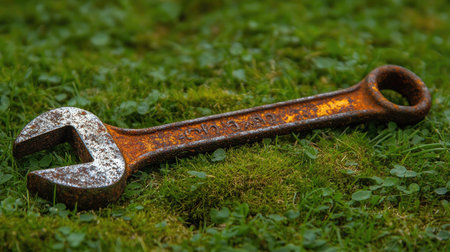 A photo of an old, rusty wrench lying on the grass, symbolizing that we need to make sure it's clean and shiny before using it for lifting something heavy off your lawn or garden equipment. --chaos 30 --ar 16:9 --v 6.1 Job ID: a6c9bccf-1afc-4be5-8fce-f0f256cd25d9の素材
