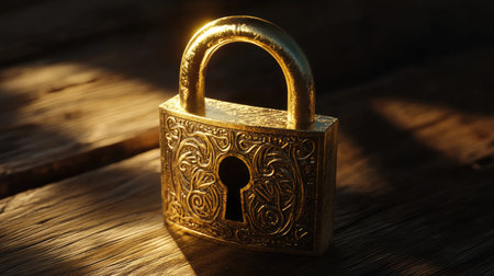 A golden padlock with an intricate design on it, placed against a wooden surface with soft lighting creating a sense of security and sophistication. The lock is centered in the frame, with its metal body glistening under the warm light. There's no visible keyhole or handle, adding to the mysterious allure of home safety. This composition captures attention while conveying a sense of trust. --chaos 30 --ar 16:9 --v 6.1 Job ID: 60334448-5a4a-4e30-aa65-170ba1d759ddの素材