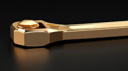 A metal wrench with a golden color and one large nut on the end of it, isolated on a black background, close-up. --chaos 30 --ar 16:9 --v 6.1 Job ID: 1c283f74-a510-4c9f-97a4-fbc9b4e7f81cの素材