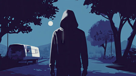 A hooded figure stands on the road at night, surrounded by forest and mountains. Minimalist vector illustration with simple shapes, flat colors, and straight lines. The silhouette of an individual standing in front of trees under moonlight. Simple background featuring a dark blue sky and a grey landscape. High-contrast lighting highlights the silhouettes against the darkness. A feeling of solitude or mystery is created through the minimalist design. No text or typography elements were added. --chaos 30 --ar 16:9 --v 6.1 Job ID: c10fcb3c-e931-4507-b81d-0acd3967c50eの素材
