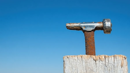 A hammer is holding up the head of nails on top, with blue sky background, simple style, simple details, simple background, high resolution photography, real life scenes, close-up shots, high definition images, and high quality pictures. The wooden board has some small wrinkles at its bottom edge. There was an old silver nail in front of it. It had just been-nail-like, holding down by hand to keep the plastic cover from floating away. Realistic photos, camera photography, real environment. High angle perspective. No one around., --chaos 30 --ar 16:9 --v 6.1 Job ID: 2d23d4e9-760f-4856-8a57-73a139434708の素材