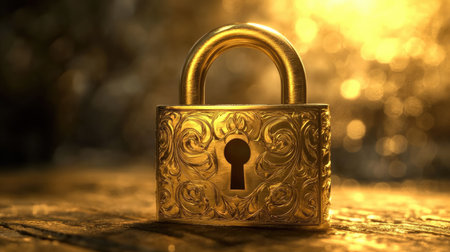 A golden padlock with an intricate design on it, symbolizing the security of your online firm's data protection system. The lock is centered in front and placed against a wooden surface. Soft lighting highlights its details, creating a warm atmosphere that adds to its sense of security or privacy. This visual representation emphasizes how you have tight control over who has access to their personal information within the business network. --chaos 30 --ar 16:9 --v 6.1 Job ID: 11cadd8f-8f16-43e6-8e3e-21eb4d3c184bの素材