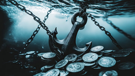 A photo of an anchor and coins floating underwater, symbolizing the financial base for a steady cash flow from a sailor's maritime arcade game. --chaos 30 --ar 16:9 --v 6.1 Job ID: 7700f2b7-1e57-46bd-8ca6-4c198b6fe8c4の素材