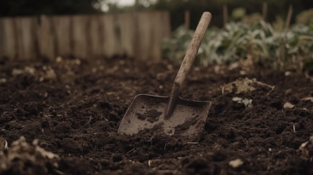 A photo of an old wooden Shovel with the handle covered in dirt, lying on rich soil near a garden bed. The background is blurred to emphasize the Shovel as the main subject. Captured in the style of Canon EOS-5D Mark IV using Kodak Gold 200 film stock. --chaos 30 --ar 16:9 --v 6.1 Job ID: 8fed6a57-6094-4a8e-af2a-f3d84a6e469eの素材
