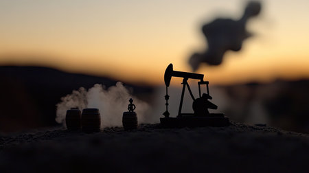 A miniature oil pump in the foreground, silhouetted against an open landscape at sunset. The background is a blurred desert scene with dust clouds rising from below. There's steam coming out of one barrel and smoke around it. In the distance, there's another steam-powered object in the style of Samsung S20 Ultra. --chaos 30 --ar 16:9 --v 6.1 Job ID: d95fec29-ef05-4c59-b6df-0ad8b41ebcf0の素材