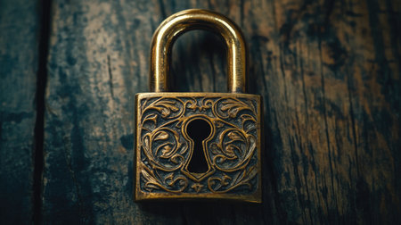 A golden padlock with an intricate design on it, placed against a wooden surface. The background is dark and blurred to highlight the lock's features. There is light coming from above, casting shadows that add depth to the scene. This composition creates a sense of security or mystery around the object. --chaos 30 --ar 16:9 --v 6.1 Job ID: 67597ad0-1c74-417b-81d6-be5fd3dbef2fの素材
