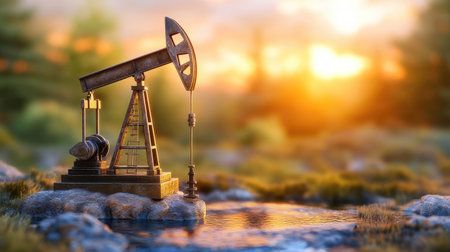 A miniature oil pump in the foreground against an open landscape at sunset, symbolizing oil and overflowing energy. --chaos 30 --ar 16:9 --v 6.1 Job ID: 0e6bede7-1dbb-4b3a-ac9a-56a9a33a0b8bの素材