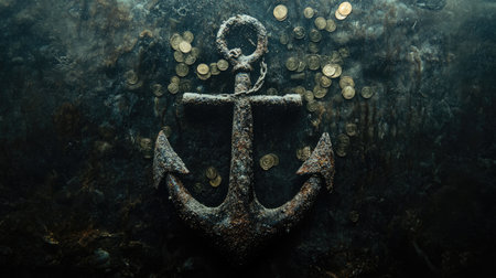 A photo of an anchor and coins floating underwater, symbolizing the financial base for a steady cash flow from a sailor's maritime arcade game. --chaos 30 --ar 16:9 --v 6.1 Job ID: 7700f2b7-1e57-46bd-8ca6-4c198b6fe8c4の素材