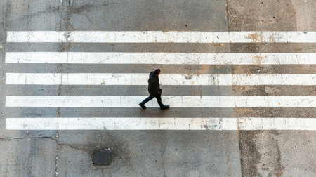 A person crossing the street at an intersection, walking across zebra crossings, aerial view, minimalist, clean lines, high resolution, aerial photography, stock photo, simple composition, professional color grading, sharp focus. --chaos 30 --ar 16:9 --v 6.1 Job ID: 30bf3a7d-94ea-427d-8a95-ba6158baeceaの素材
