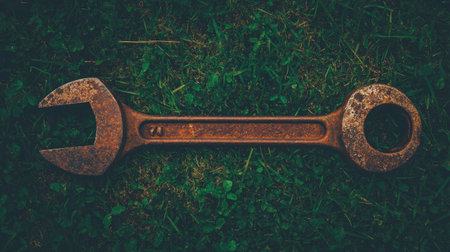 A rusty wrench lying on the grass, symbolizing 'Incomplete' for an audio recording app in dark brown and green tones. The tool is lying flat with its head pointing upwards, creating contrast against the lush background of the green lawn. --chaos 30 --ar 16:9 --v 6.1 Job ID: 2afb5d29-26bc-48b2-9035-2c6296ea416dの素材