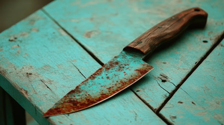 A rusty kitchen knife with a wooden handle, resting on an old wooden table. The rusted blade reflects the worn and weathered surroundings of the rustic home decor. --chaos 30 --ar 16:9 --v 6.1 Job ID: 61b5aaa1-5c0e-420b-bacf-b7990beb5c71の素材