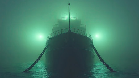 A ship at sea with thick, glowing chains leading to the horizon. The photography is cinematic, with a dark, moody atmosphere. --chaos 30 --ar 16:9 --v 6.1 Job ID: 35595eeb-8fb1-4e9e-9aa6-65d56777615dの素材