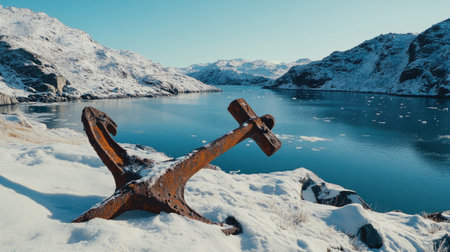 A rusty old anchor on the shore of an icy fjord in Norway. The shot is taken from above with a Sony Alpha A7 III and a Zeiss Batis lens at f/2.8, capturing its rugged beauty against the backdrop of towering mountains and deep blue waters. --chaos 30 --ar 16:9 --v 6.1 Job ID: 7a1bad59-dc5a-4837-9c3e-38abd3aecb0fの素材