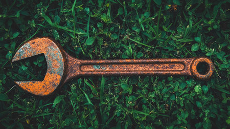 A rusty wrench lying on the grass, symbolizing 'Incomplete' for an audio recording app in dark brown and green tones. The tool is lying flat with its head pointing upwards, creating contrast against the lush background of the green lawn. --chaos 30 --ar 16:9 --v 6.1 Job ID: 2afb5d29-26bc-48b2-9035-2c6296ea416dの素材