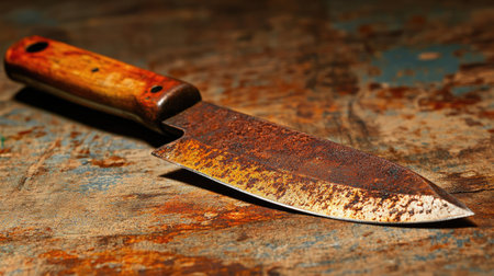 A rusty kitchen knife with a wooden handle, resting on an old, rustic table, showcasing its worn and weathered appearance. The focus is on the face of the knife. --chaos 30 --ar 16:9 --v 6.1 Job ID: 85850654-b852-47b7-90af-91732de19c12の素材